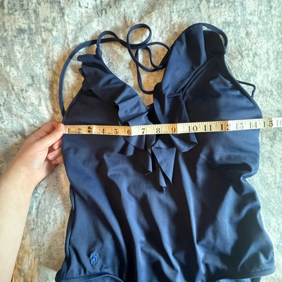 Polo Ralph Lauren Swimsuit Size Large Navy Blue One Piece Scoop Back Ruffle Pony - Picture 14 of 16